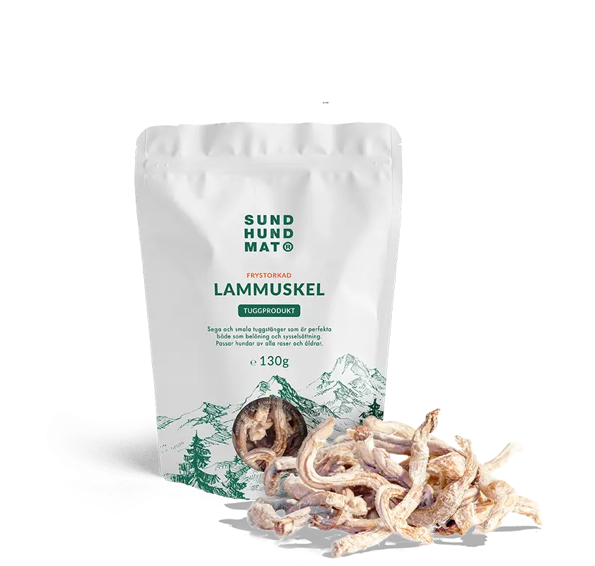 Pose med frysetørket lammemuskel 130 g fra Sund Hundmat