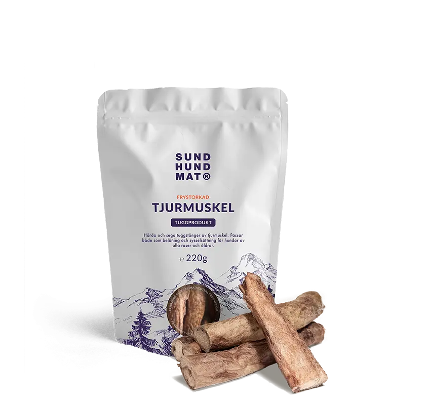 Pose med frysetørket tyremuskel 220 g fra Sund Hundmat