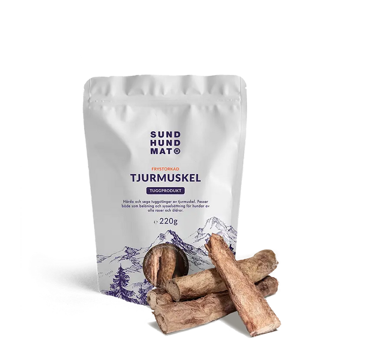 Pose med frysetørket tyremuskel 220 g fra Sund Hundmat
