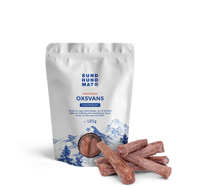 Pose med frysetørket oksehale 185 g fra Sund Hundmat