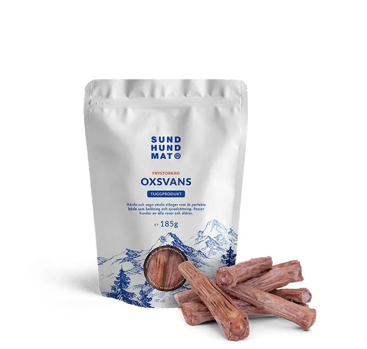 Pose med frysetørket oksehale 185 g fra Sund Hundmat