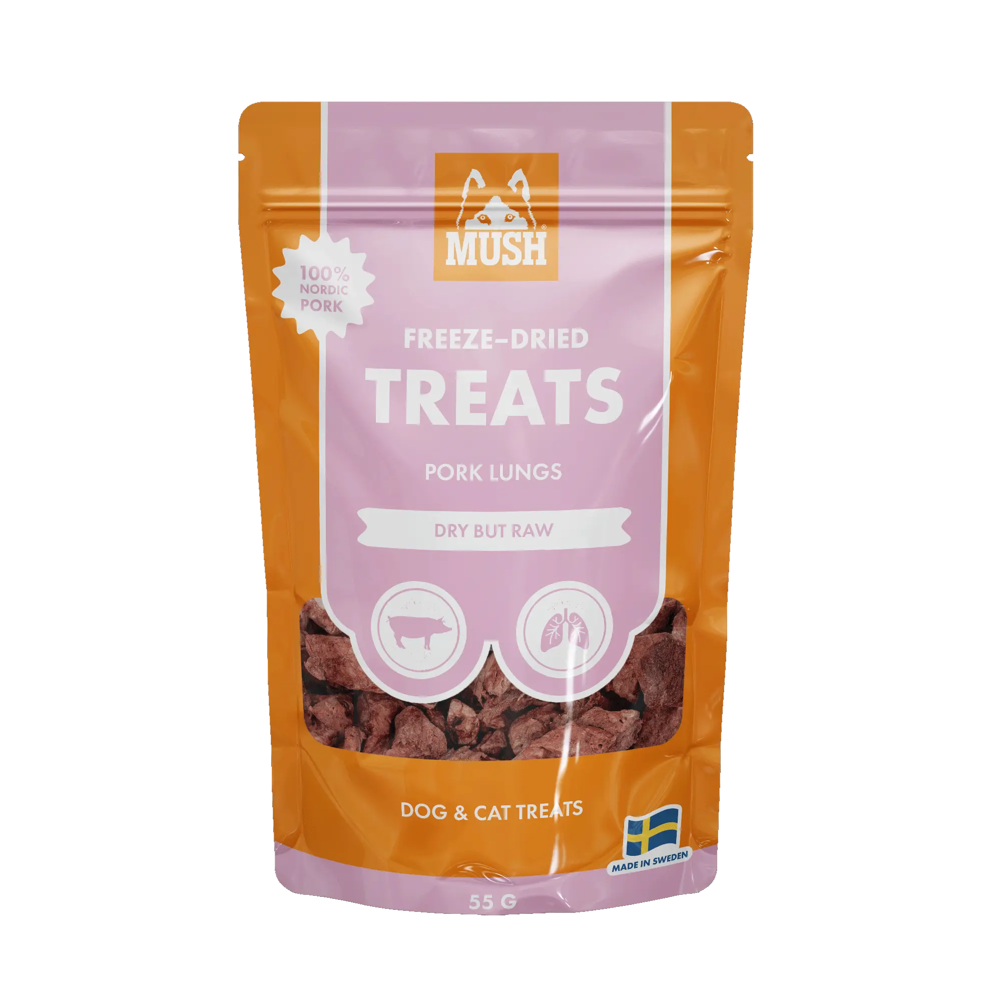 MUSH Treats Frysetørket Svinelunge – Skånsomme godbiter for hund og katt 🐾  |  Pawesomeday.no