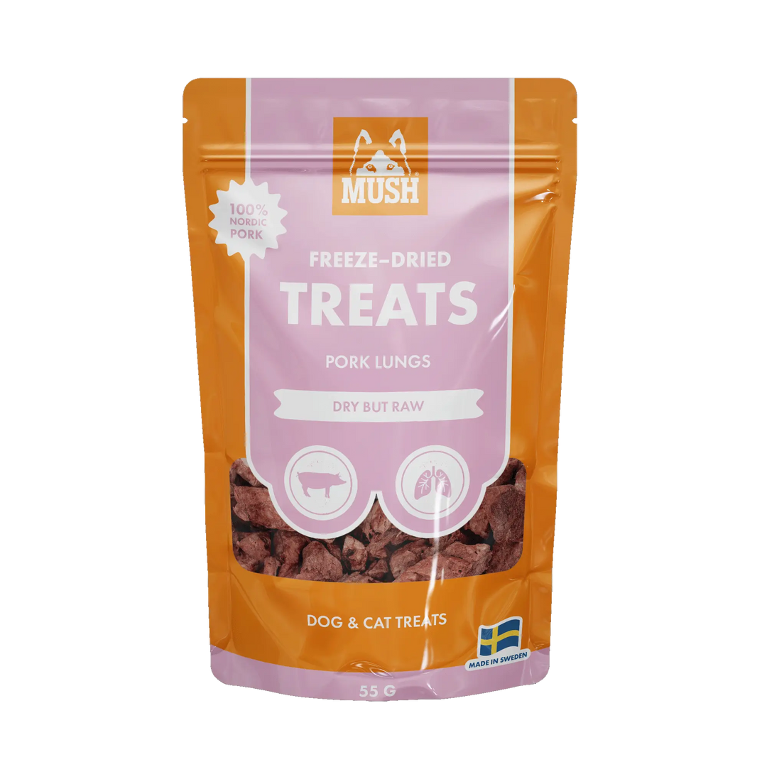 MUSH Treats Frysetørket Svinelunge – Skånsomme godbiter for hund og katt 🐾  |  Pawesomeday.no