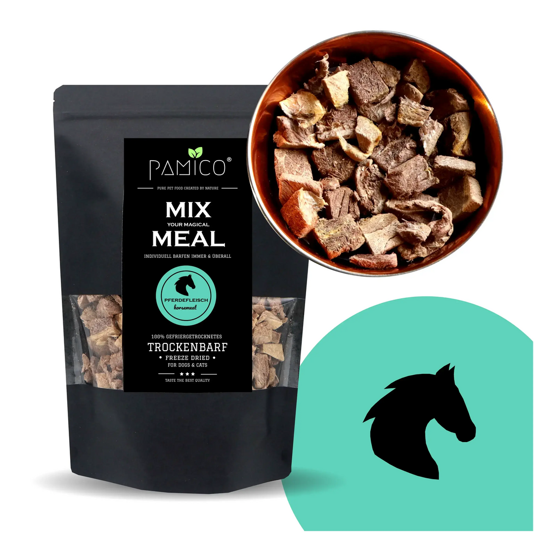 Frysetørket hestekjøtt | Hypoallergen BARF-komponent til hund og katt | Pamico  |  Pawesomeday.no