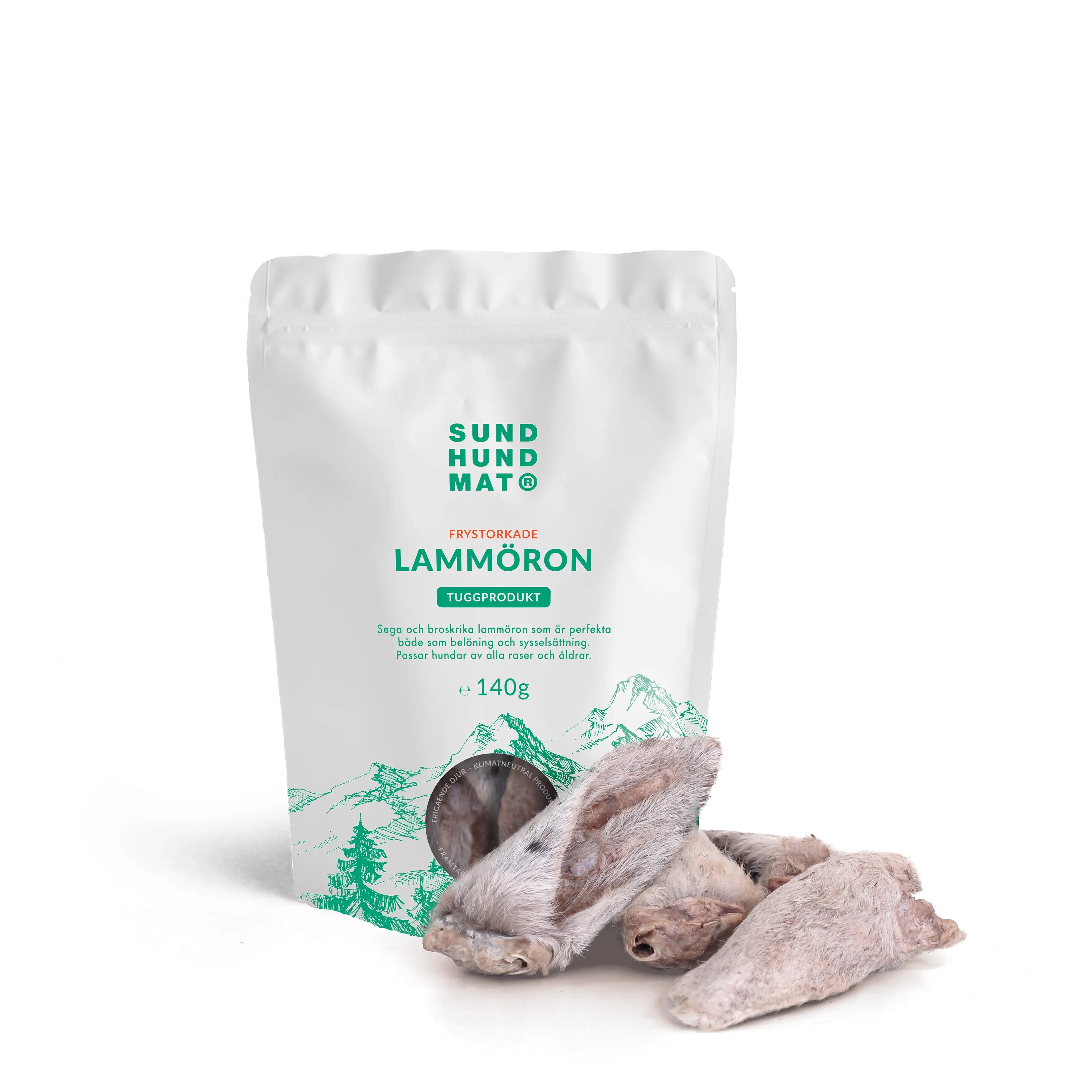 Pose med frysetørkede lammeører 140 g fra Sund Hundmat, med hele lammeører foran posen