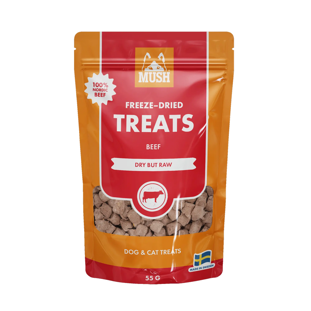 MUSH Treats Frysetørket Storfe – Næringsrike godbiter for hund og katt 🐾  |  Pawesomeday.no
