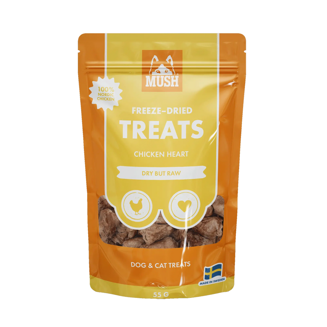 MUSH Treats Frysetørket Kyllinghjerte – Smakfulle og næringsrike godbiter for hund og katt 🐾  |  Pawesomeday.no