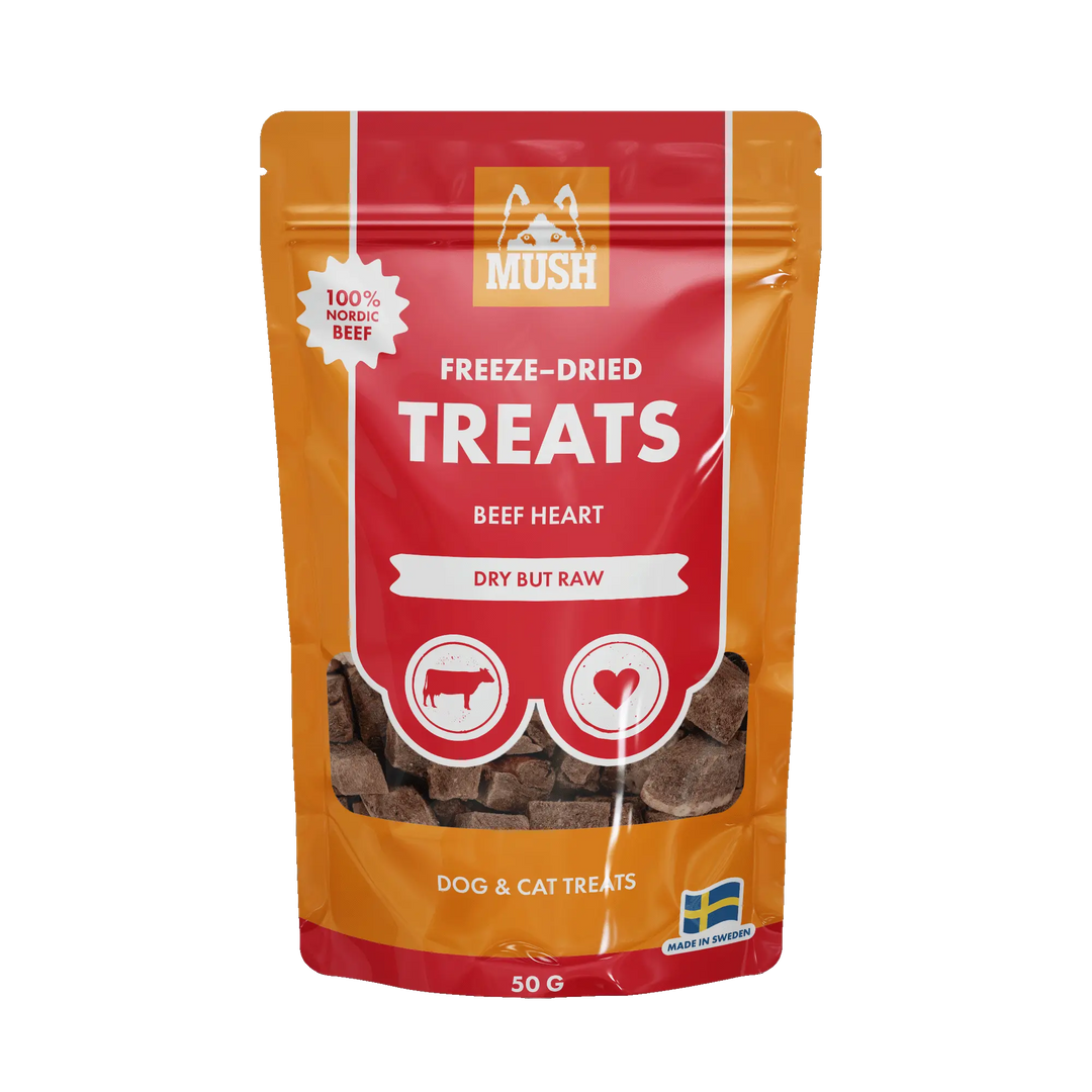 MUSH Treats Frysetørket Storfehjerte – Naturlige og næringsrike godbiter for hund og katt 🐾  |  Pawesomeday.no