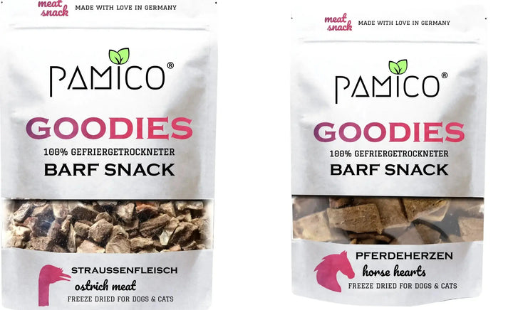 Pamico smakspakke: Frysetørkede- strutsekjøtt + hestehjerter  |  Pawesomeday.no